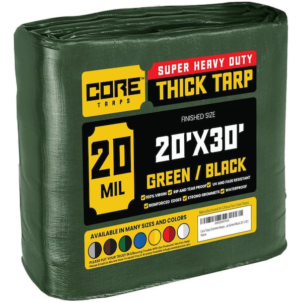 CORE TARPS 20 ft. x 30 ft. Green/Black 20 Mil Heavy Duty Polyethylene Tarp, Waterproof, UV Resistant, Rip and Tear Proof
