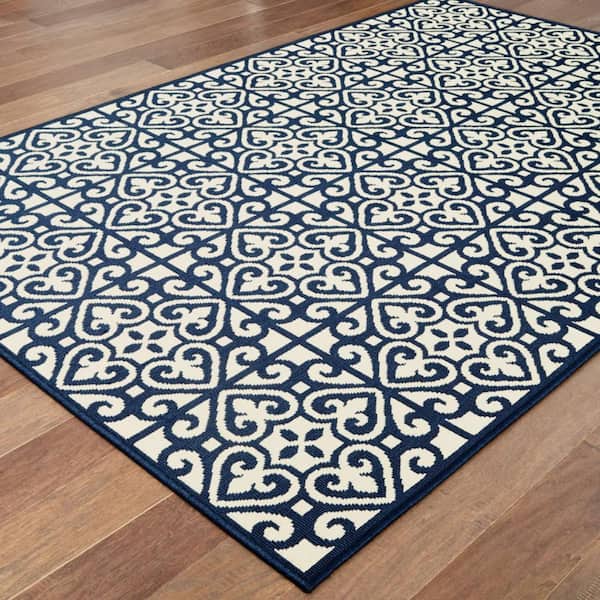Ivory, Blue 2 ft. x 4 ft. Loomed Geometric Polypropylene Rectangle Indoor/Outdoor Area Rug