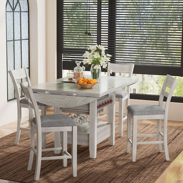 5-Piece Counter Height Dining Set with Wine Rack, Drawer & 4 Upholstered Bar Stools Chairs + Gray Wood Top Dining Table