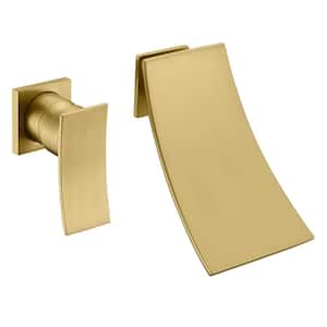 Left-handed 1-Handle Wall Mounted Roman Tub Faucet with Waterfall Spout in Brushed Gold