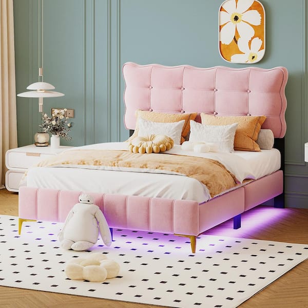 Harper & Bright Designs Pink Wood Frame Full Size Velvet Platform Bed with Tufted Button Headboard, Metal Legs and LED