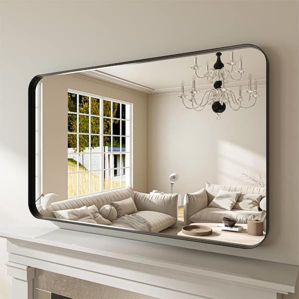 48 in. W x 30 in. H Rectangular Aluminum Framed Modern Black Rounded Wall Mirror