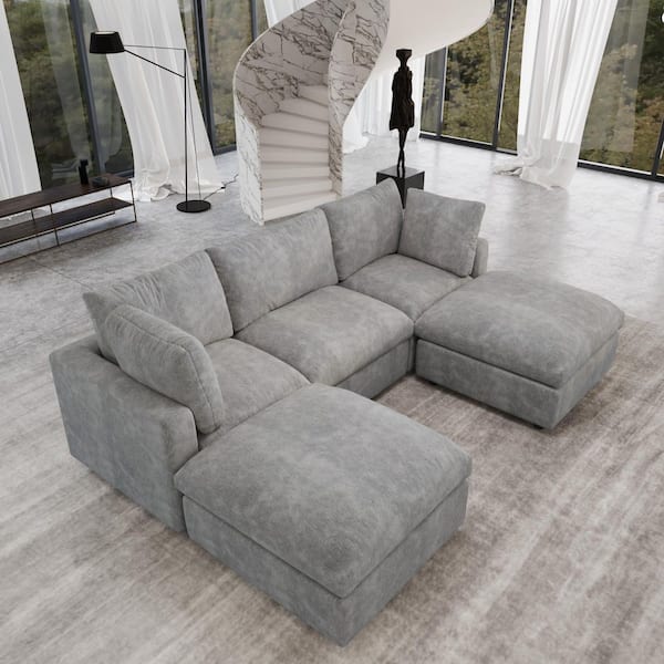 100.5 in. Chenille 4-Seater Loveseat Modular Free Combination Sectional Couch with Ottoman in Gray