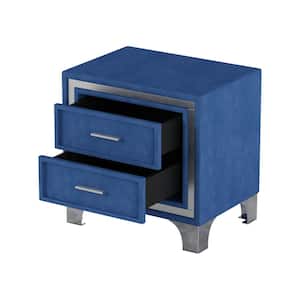 Mid-Century Blue 2-Drawer Velvet Nightstand with Metal Legs (21.8 in. W x 15.9 in. D x 21.7 in. H)