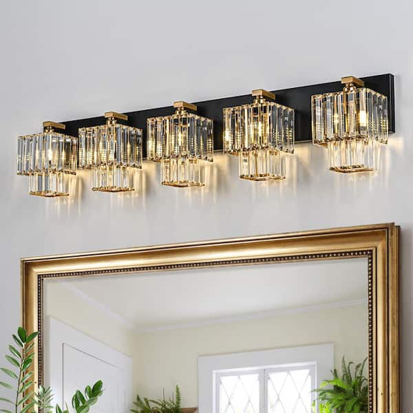LLHZSY Schonbek 39.37 in. 5-Light 2-Tier Modern Black and Gold Dimmable Bathroom Vanity Light with Crystal Shades