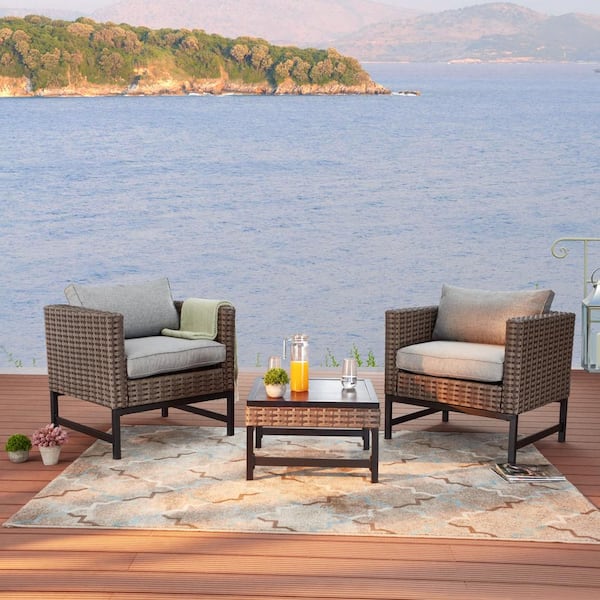 Right-Angle 3-Piece Wicker Patio Conversation Seating Set with Gray Cushions
