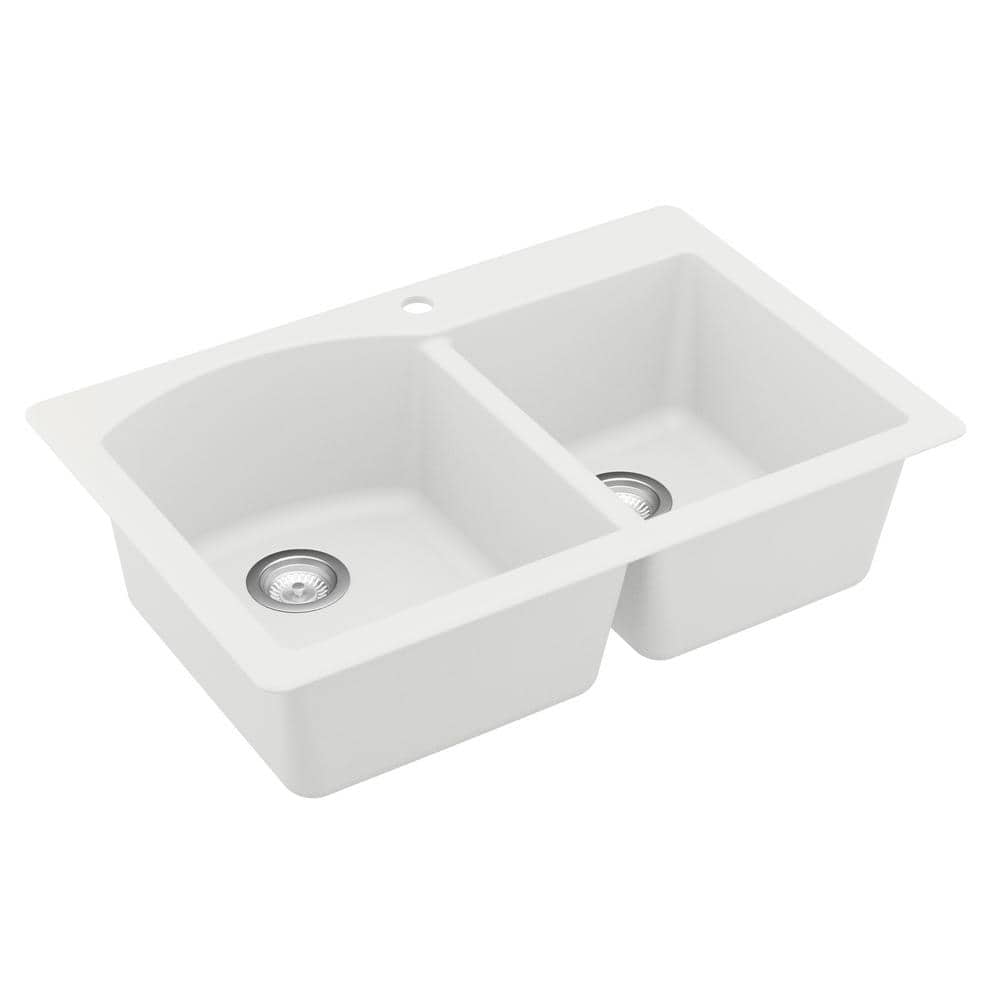 White Quartz Composite Double Bowl Kitchen Sink, 33" x 22"