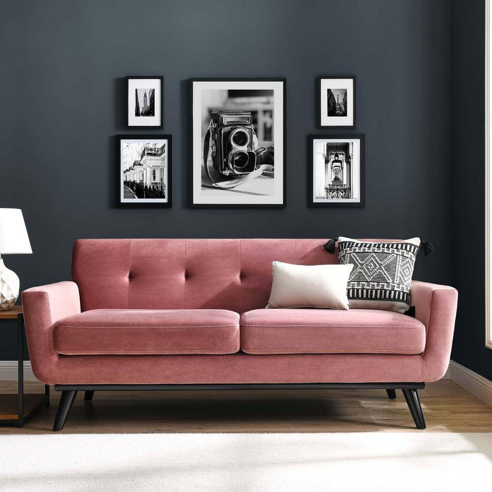 Dusty Rose Velvet Tufted Loveseat with Track Arms and Wood Legs