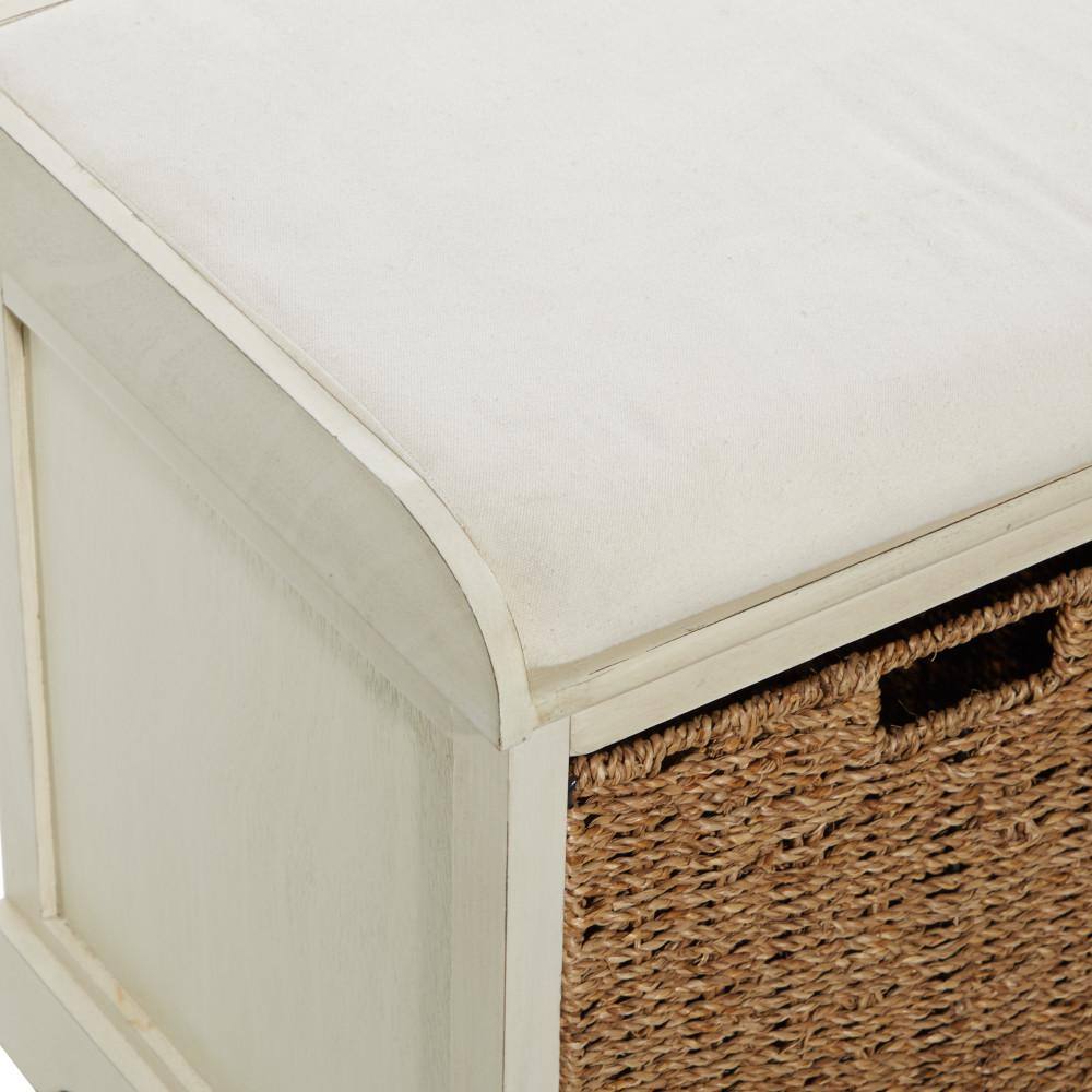 Elegant White Linen Cushioned Storage Bench with Wicker Baskets