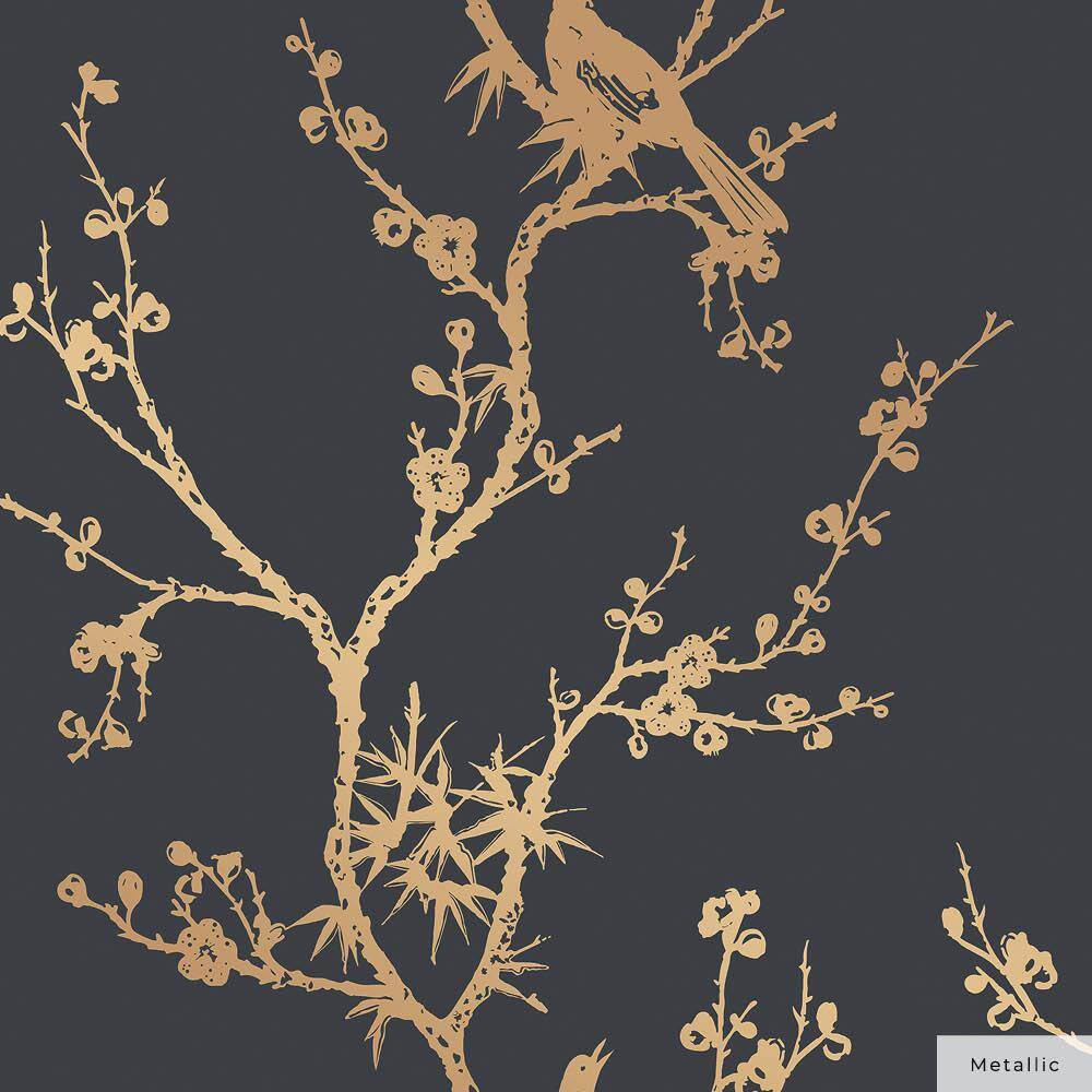 Black and Gold Chinoiserie Bird Peel and Stick Wallpaper
