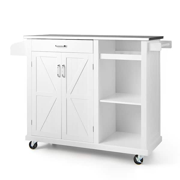 Bunpeony White Stainless Steel Kitchen Cart with Drawer and Wine Storage Shelf