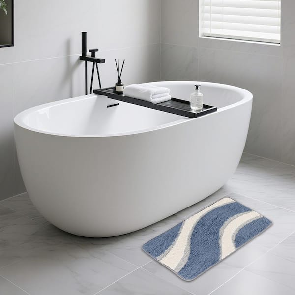 Blue and White 19.69 in. x 31.5 in. Bath Mat, Bathroom Rug with Non-Slip TPR Backing, Minimalist Style Bathroom Mat