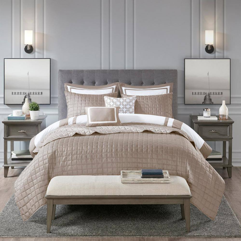 8-Piece Comforter and Quilt Set Collection-Taupe Polyester Full/Queen Bedsp