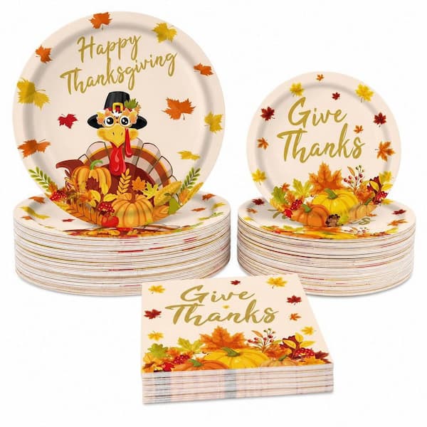 Yellow Thanksgiving Disposable Paper Tableware Set, Turkey and Maple Leaf Design, Heavy Duty Plates Napkins (Set of 150)