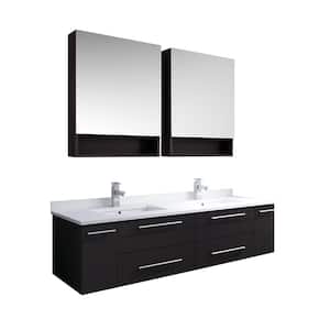 Lucera 60 in. W Wall Hung Vanity in Espresso with Quartz Double Sink Vanity Top in White, White Basins, Medicine Cabinet