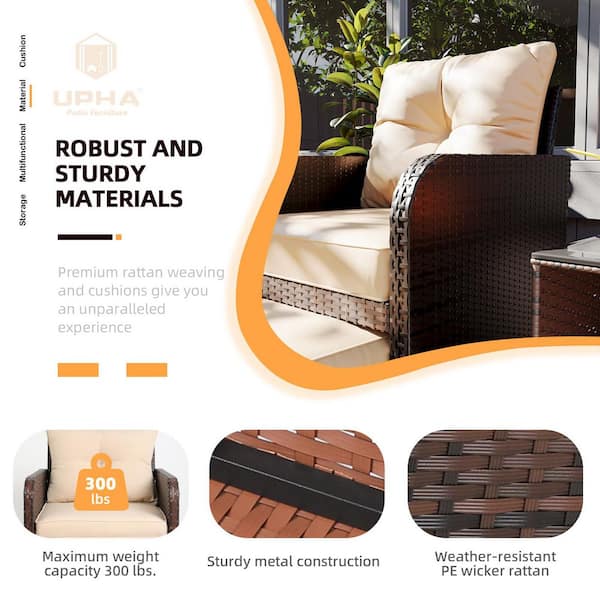 5-Piece Wicker Patio Conversation Set, Outdoor Chairs with Beige Cushions, Coffee Table and Ottomans