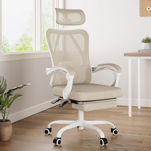 Lirago Mesh Adjustable Height Ergonomic Task Chair in Khaki with Retractable Footrest and Adjustable Lumbar Support