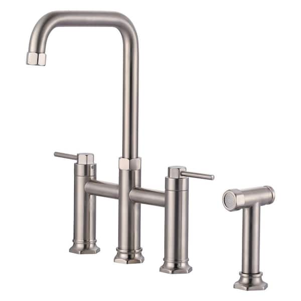 Double Handle Brass Bridge Kitchen Faucet with Side Sprayer in Brushed Nickel