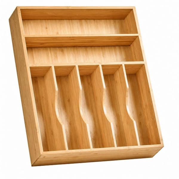 Natural Bamboo 13 in. Kitchen Drawer Organizer, 7-Slots Total Bamboo Wood Caddy for Flatware Cutlery Knives Forks Spoons