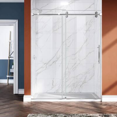 60 in. W x 76 in. H Single Sliding Frameless Shower Door in Brushed Nickel Shower Enclosure with 3/8 in. Clear Glass