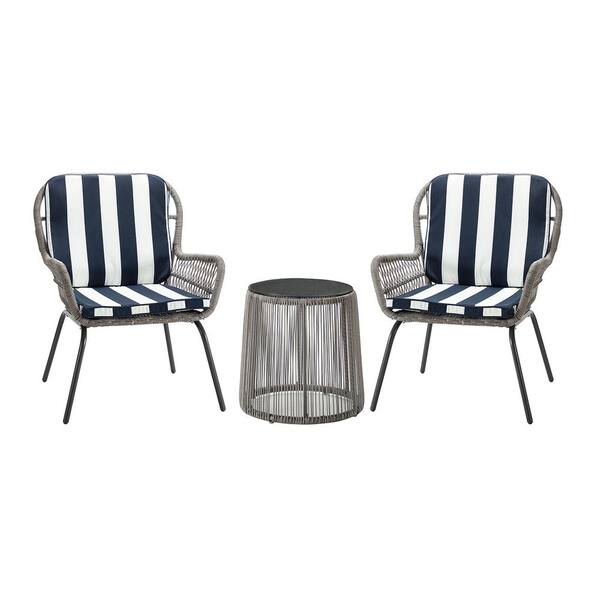 Unbranded 3-Piece Wicker Outdoor Bistro Set with Navy Cushions