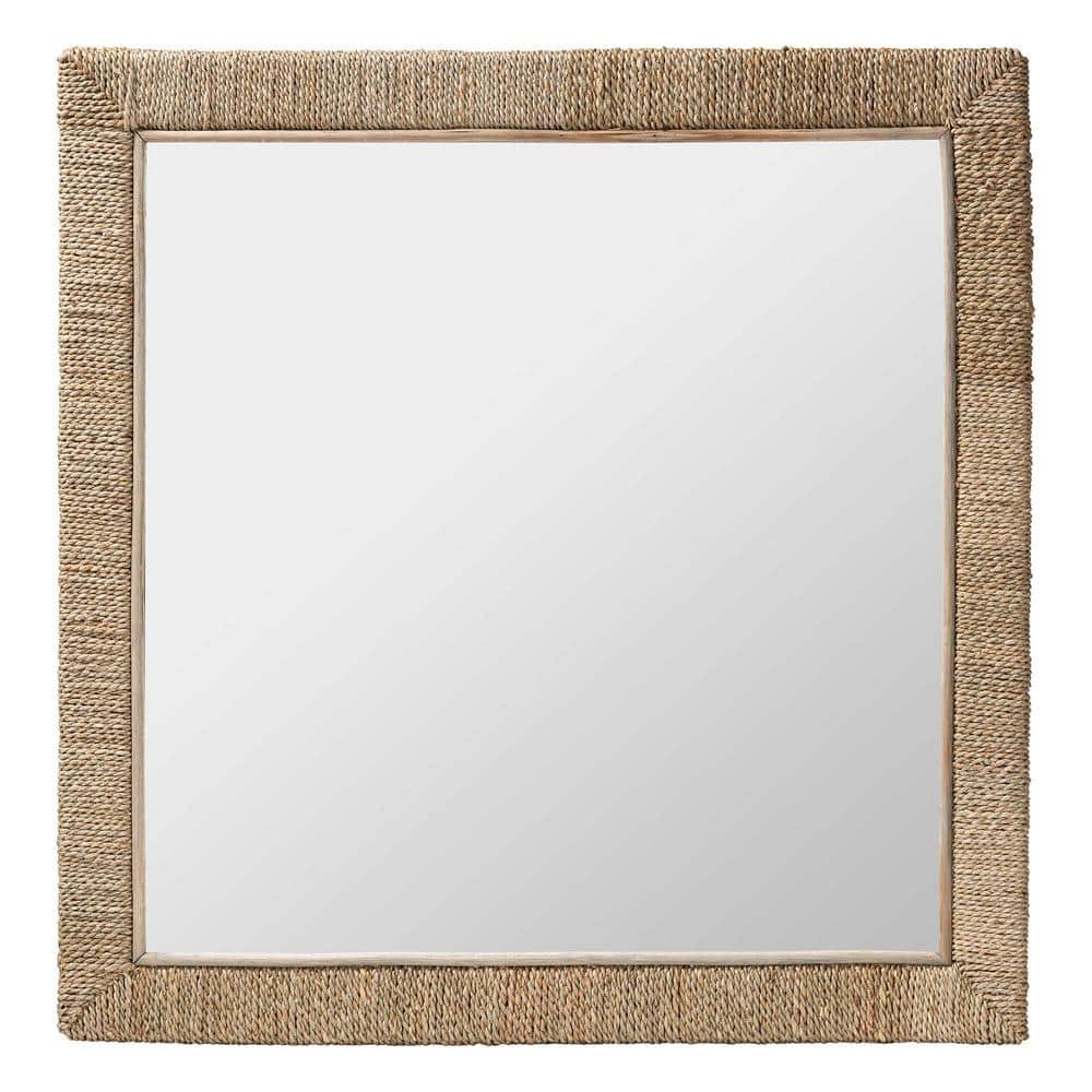 Japandi Natural Seagrass Square Wall Mirror with Mahogany Frame