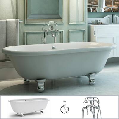 72 in. Acrylic Dual-Rest Clawfoot Bathtub Combo Tub in White, Faucet and Cannonball Feet and Drain in Chrome
