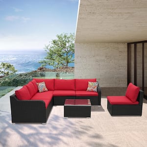 7-Piece Wicker Outdoor Sectional Sofa Set Patio Conversation Set with Red Cushions for Garden, Yard, Patio