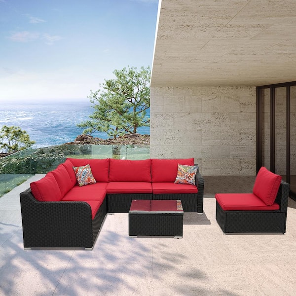 Cesicia 7-Piece Wicker Outdoor Sectional Sofa Set Patio Conversation Set with Red Cushions for Garden, Yard, Patio