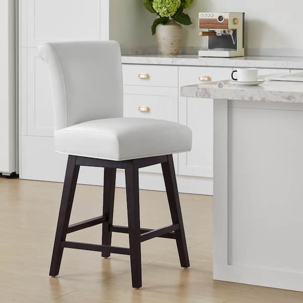 Spruce & Spring Dennis 26 in. Pure White High Back Solid Wood Frame Swivel Counter Height Bar Stool with Faux Leather Seat