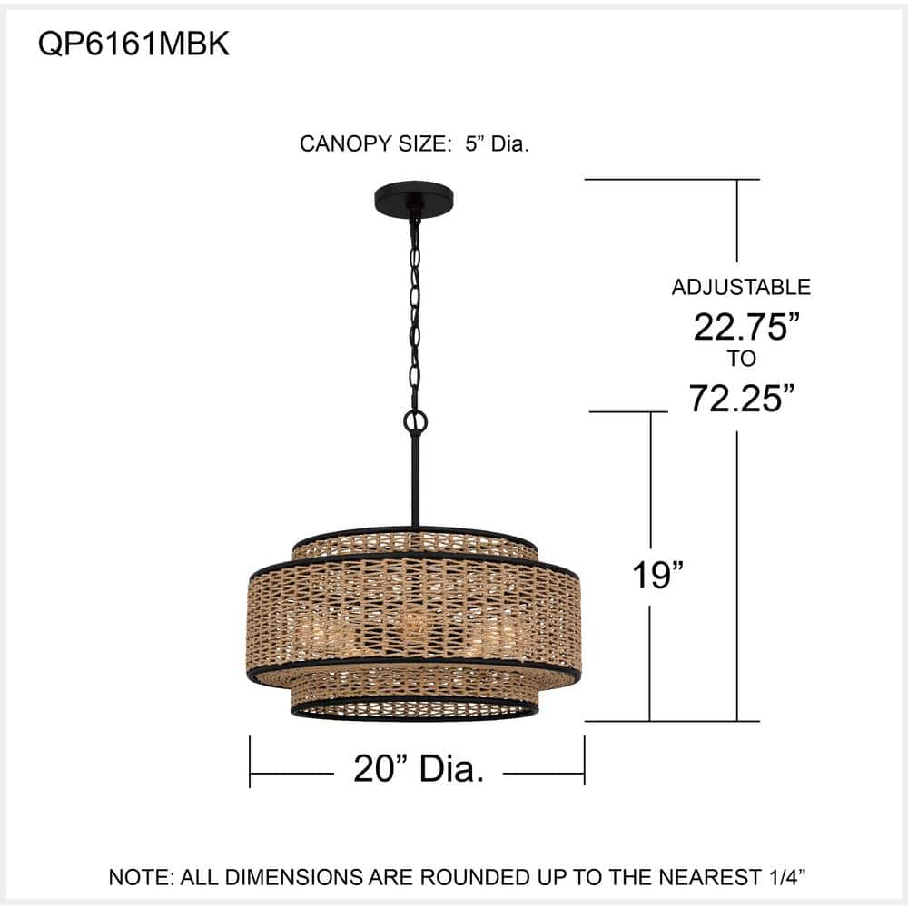 Matte Black and Natural Rope Drum Pendant Light, 5-Light