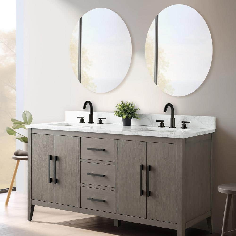 Driftwood Gray 60" Double Sink Bathroom Vanity with Marble Countertop