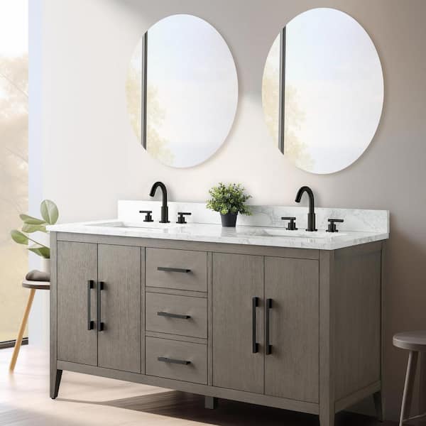 Vanity Art 60 in. W x 22 in. D x 34 in. H Double-Sink Bath Vanity in Driftwood Gray with Engineered Marble Top in Arabescato White