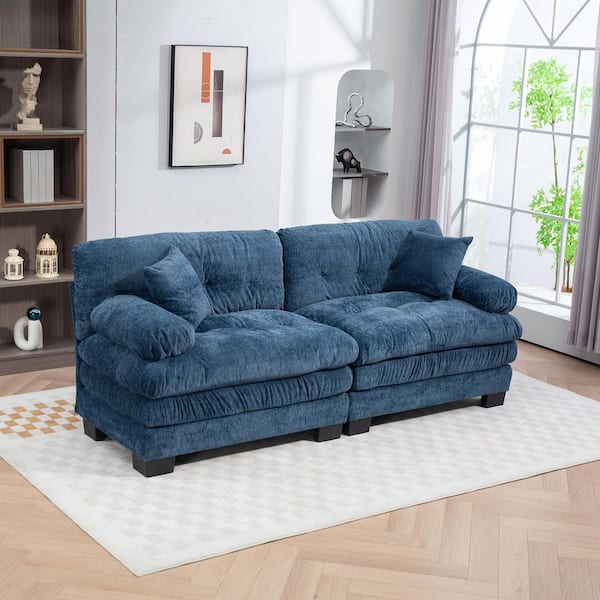 84 in. Dual-Layer Modular Chenille Rectangle Deep Seat Pillow Top Arm Sectional Sofa in Blue