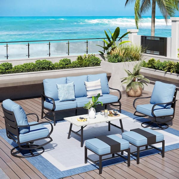 PHI VILLA Metal Slatted 7-Seat 6-Piece Outdoor Patio Conversation Set with Blue Cushions and Table with Marble Pattern Top