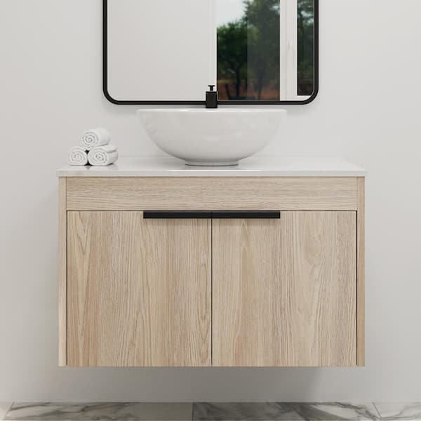 MYCASS 30 in. W x 19 in. D x 24 in. H Sink Floating Bath Vanity in White Oak with White Porcelain Vanity Top in White with