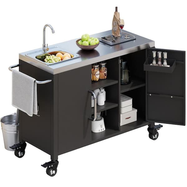 55.5 in. Built-In 304 Stainless Steel Outdoor Kitchen Island with Sink and Grill Cart Table with 4-Lockable Wheels