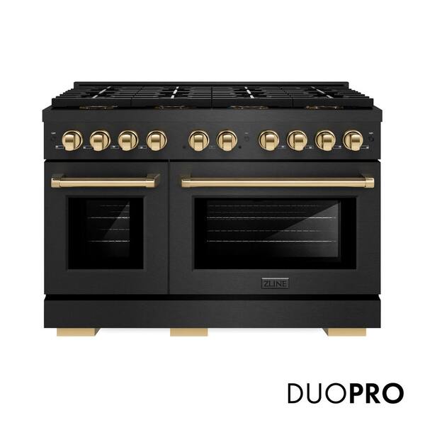 Autograph 48 in. 6.7 cu. ft. Paramount Gas Range with 8 Burner DuoPro Cooktop in Black Satin and Gold Accents