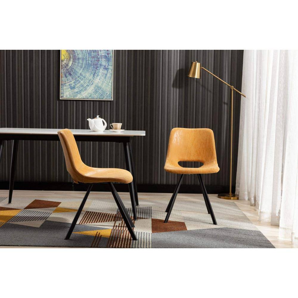 Sleek Tan Leather & Metal Upholstered Low Side Chair