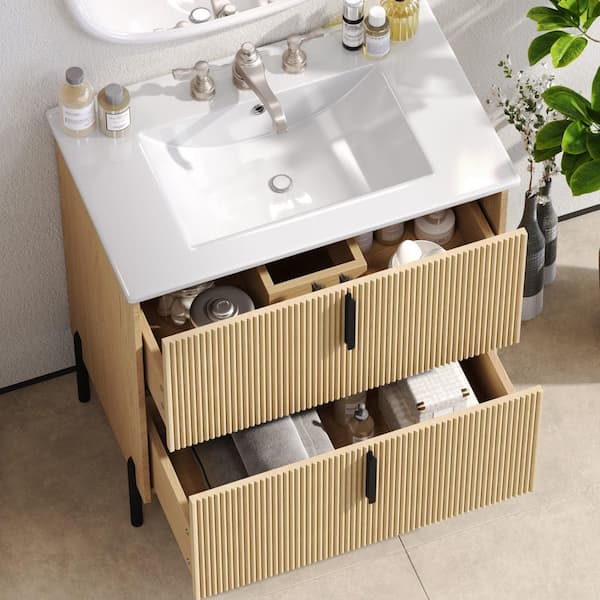 30 in. Single Sink Freestanding Natural Bath Vanity with White Ceramic Top and 2 Drawers Cabinet Unassembled