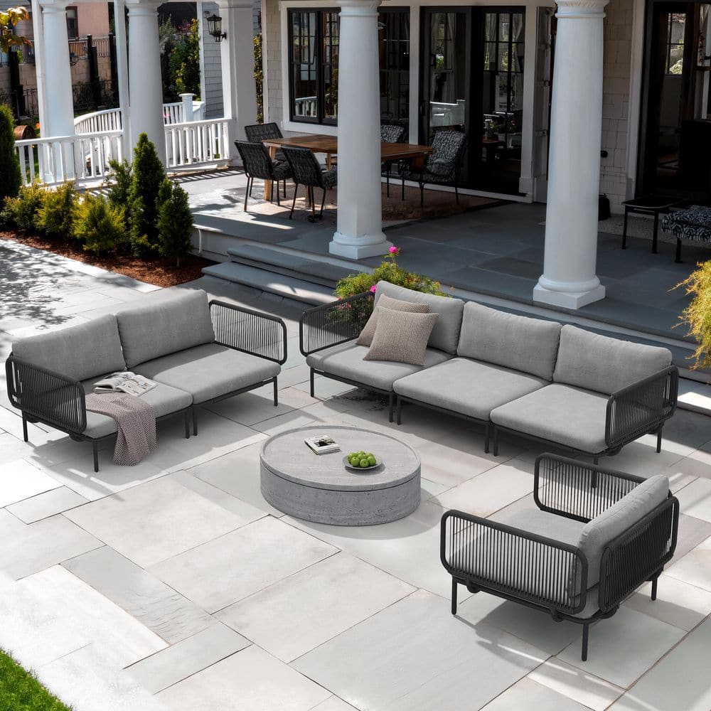 6-Piece Metal Outdoor Sectional Furniture Set with Removable Armrest and Thickened Cushions in Dark Gray for Courtyard