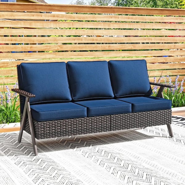 JOYSIDE R-Shaped Armrest 3-Seat Brown Wicker Outdoor Patio Couch with Blue Cushions