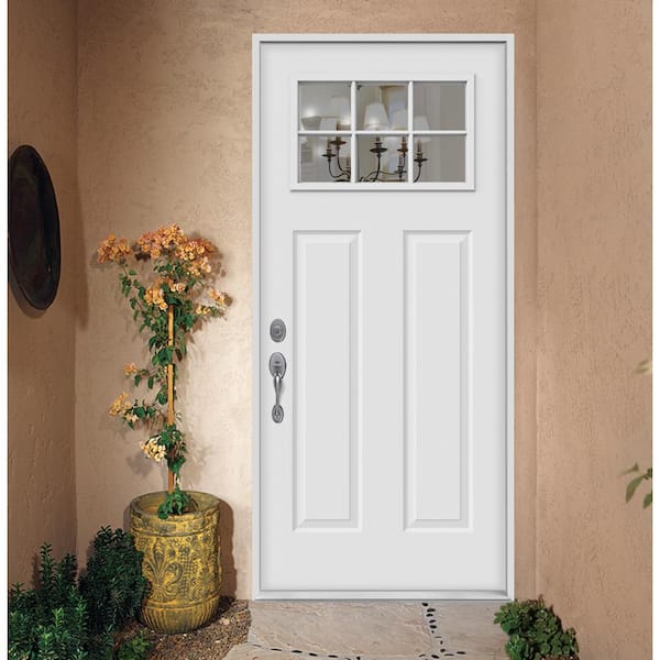 32 in. x 80 in. 6 Lite Craftsman Primed Steel Prehung Right-Hand Inswing Prehung Front Door