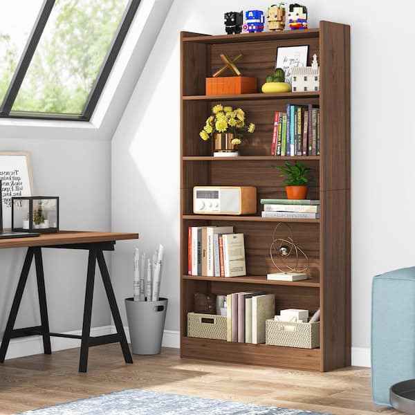 BYBLIGHT Eulas 72 in.Tall Brown Wood 5-Shelf Standard Bookcase and