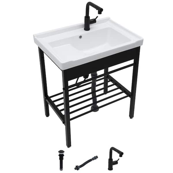 28 in. 4-Leg Free Standing Ceramic Vanity Sink with Faucet and Washboard Design