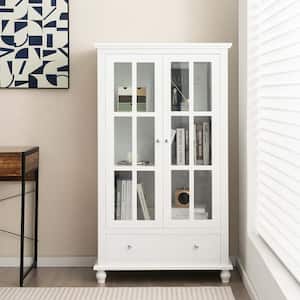 55 in. Tall White Wood 2-Shelf Standard Bookcase with Tempered Glass Doors Drawer Storage Bookshelf Organizer