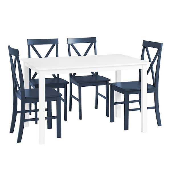 5 Piece White and Navy Solid Wood Transitional Farmhouse Dining Set