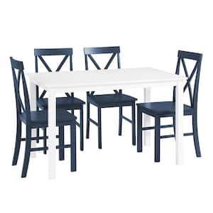 5 Piece White and Navy Solid Wood Transitional Farmhouse Dining Set
