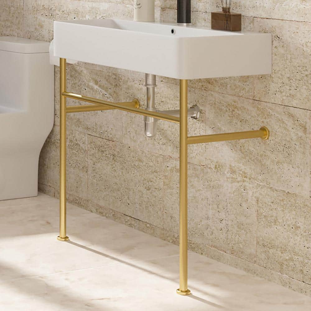 Staykiwi 5.3 in. Ceramic Console Sink Basin in White and Gold Legs ...