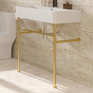 5.3 in. Ceramic Console Sink Basin in White and Gold Legs Combo with Overflow